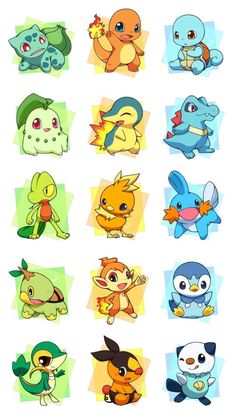 the pokemon characters are all different colors and sizes