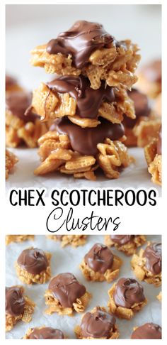 chocolate covered cookies stacked on top of each other with the words, chex scooters clusters