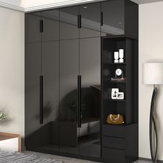 a modern bedroom with black cabinets and white walls