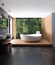 a bathtub in front of a green wall with plants on the outside and inside