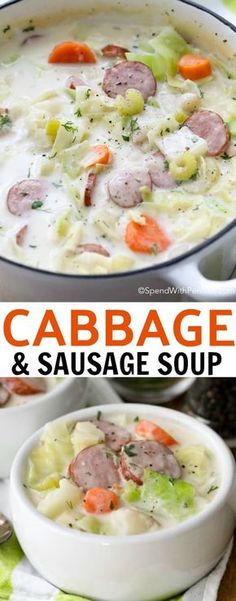 cabbage and sausage soup in a white bowl