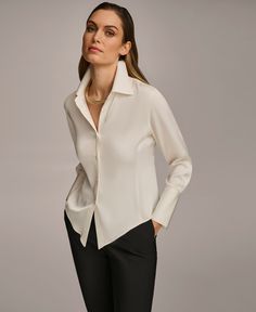 in stock Timeless Button-up Top With Hidden Buttons, Elegant Button-up Blouse With Hidden Closure, Button-up Tops With Hidden Button Closure For Daywear, Cute Feminine Outfits, Donna Karan Dresses, Cashmere Mist, Vintage Donna Karan, Satin Button Up, Button Down Blouse