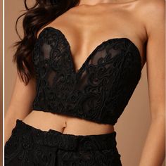 New Without Tags, Lace Detail And Has Metal Hardware In The V Part Of Bust To Keep Shape Elegant Black Sets For Date Night, Elegant Black Lace Crop Top, Elegant Black Sleeveless Set, Black Evening Sets For Summer, Elegant Black Lace Sets, Black Summer Evening Sets, Lace Corset Top, Lace Strapless, Fashion Nova Tops