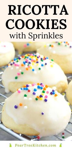 iced ricotta cookies with sprinkles on a cooling rack and text overlay reading ricotta cookies with sprinkles