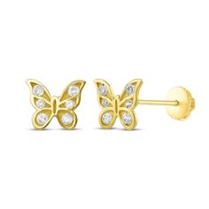 Give your little one a sweet gift with these playful butterfly stud earrings. Crafted in 14K yellow gold Each sculpted butterfly sparkles with six cubic zirconia stones The earrings secure with screw backs Cubic Zirconia Butterfly Charm Earrings For Gift, Gold Earrings With Butterfly Charm In Cubic Zirconia, Gold Cubic Zirconia Earrings With Butterfly Charm, Gold Earrings With Cubic Zirconia Butterfly Charm, Yellow Gold Butterfly Earrings With Cubic Zirconia, Yellow Gold Cubic Zirconia Butterfly Earrings, Gold Cubic Zirconia Butterfly Earrings, Butterfly Earrings Gold, Butterfly Stud Earrings