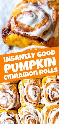 pumpkin cinnamon rolls with white icing on top and an orange banner in the background