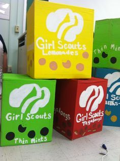 four boxes that say girl scouts, lemonades and thin mints are stacked on top of each other