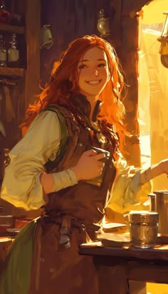 a woman with long red hair standing in front of a pot on a stove top