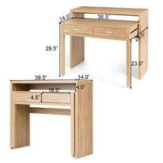 the measurements for a desk and chair are shown in three different sizes, including one with drawers