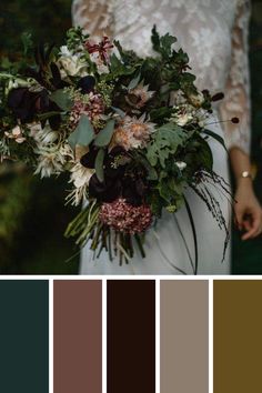 a bride holding a bouquet of flowers and greenery in her hands, with the color palette swat list below