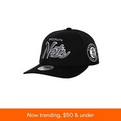 in stock Black Snapback Hat With Curved Visor For Fan Gear, Black Snapback Hat With Letter Print For Sports, Brooklyn Nets, Mitchell & Ness, Comfy Fits, Snapback Hats, Brooklyn, Pick Up, In Store