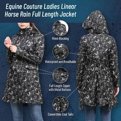 The Equine Couture Linear Horse Rain Jacket is perfect for protecting your show coat from the weather in between classes or doing barn work on a rainy day. Waterproof, breathable and wind-blocking, this classic three-quarter length jacket features lightweight fabric. A zipper paired with metal snaps allow for maximum coverage to block out unwanted weather. Extra large pockets will easily hold a smartphone, extra gloves and treats. Horse Rain, Coat Tails, Wind Blocking, On A Rainy Day, A Rainy Day, Metal Buttons, Rainy Days, Rainy Day, Lightweight Fabric