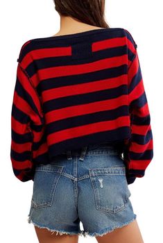 So soft, this stripe pullover is light weight enough to be worn from summer into fall!    Relaxed fit, cropped    43% Polyamide 29% Cotton 28% Wool    Hand Wash Cold Into The Blue, Blue Striped Top, Blue Pullover, Pullover Sweater Women, Boat Neckline, Boyfriend Fit, Red Sweaters, Mens Denim, Long Sleeve Pullover