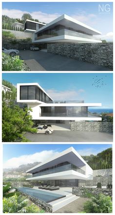 three different views of a modern house in the mountains