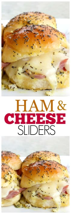 ham and cheese sliders are stacked on top of each other