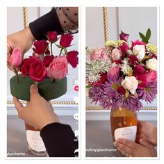 two pictures showing the same vase with flowers in it, one being held by someone's hand