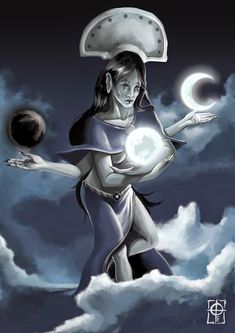 a woman holding a ball in her hand while standing on clouds with the moon behind her