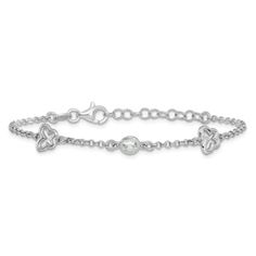 Rhodium over sterling silver children's rolo chain bracelet with butterfly and cubic zirconia stone studded circle links. Bracelet measures approximately 5 1/2"L x 1/16"W + 1" extension, butterfly charm measures 5/16"L x 5/16"W. Completes with polished finish and fancy lobster clasp. White Gold Round Rolo Chain Bracelet, White Gold Rolo Chain Bracelet, Classic Silver Bracelets With Birthstone, Classic Silver Bracelet With Birthstone, Classic Silver Birthstone Bracelets, White Gold Cubic Zirconia Charm Bracelet, White Gold Sterling Silver Bracelet With Rolo Chain, Adjustable Silver Jewelry With Rolo Chain, Hypoallergenic White Gold Sterling Silver Round Bracelet