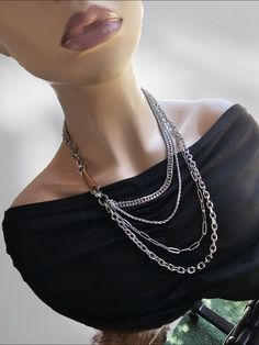 This handmade chunky stainless steel chain layered necklace set is a stunning piece of jewelry that is perfect for those who love bold and edgy accessories. It can be worn a variety of ways, including as a draping back necklace. It is a 4-strand drop festoon design.  All the chains are made of sturdy stainless steel making it completely hypoallergenic, waterproof, and non tarnish. It will look exactly like this forever!. PLEASE NOTE FOR RETURNS! If I accept returns on your purchase (check when o Chain Layered Necklace, Gothic Choker, Edgy Accessories, Gothic Chokers, Edgy Aesthetic, Aesthetic Jewelry, Layered Necklace Set, Back Necklace, Choker Collar