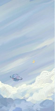 an abstract painting of clouds and a flying object in the sky with a yellow moon behind it