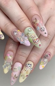 silly cat nails kawaii cute core kitty silly star coqette bow ribbon pastel nails Cat Sticker Nails, Cute Core, Hello Kitty Nails, Pretty Gel Nails, Really Cute Nails, Crazy Nails, Cat Nails, Cute Pastel, Kawaii Nails