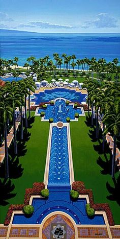 an artist's rendering of a large pool surrounded by palm trees and blue water