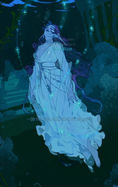 an image of a woman in white dress under the water with stars and bubbles around her