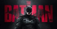 the batman movie poster is shown in black and red colors, with bats on it's chest