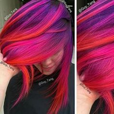 Purple pink red hair Pink And Purple Hair, Sunset Hair, Neon Hair, Neon Red, Funky Hairstyles, Dye My Hair