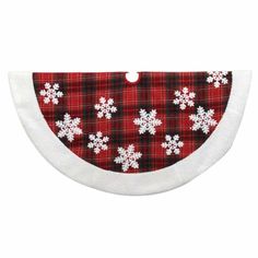 a red and black plaid bandana with white snowflakes on the collar,