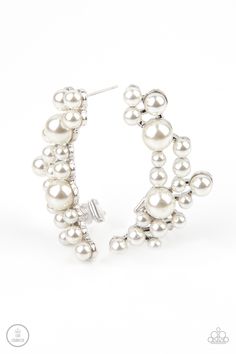 A collection of bubbly white pearls dot a shiny silver frame that branches up the ear for a modern, timeless twist. Earring attaches to a standard post fitting. Features a clip-on fitting at the top for a secure fit.

 Sold as one pair of ear crawlers. Live Text, Ear Crawler Earrings, Ear Crawlers, Crawlers Earrings, Nickel Free Jewelry, The Ear, Paparazzi Accessories, Paparazzi Jewelry, White Earrings