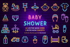 neon baby shower icons on a dark brick wall with blue and yellow lights in the background