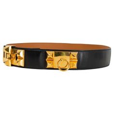 100% authentic Hermès vintage Collier De Chien belt in black Box leather featuring gold-tone hardware. Has been carried and shows some wear and scratches on the hardware. Overall in very good vintage condition. Measurements Tag Size 90 Size 90cm (35.1in) Width 5cm (2in) Fits 87cm (33.9in) to 93cm (36.3in) Length 102cm (39.8in) Hardware Gold-Tone All our listings include only the listed item unless otherwise specified in the description above. Vintage Hermes, Hardware Gold, Black Box, Beautiful Fashion, Gold Tones, Fashion Accessories, Leather, Gold, Black