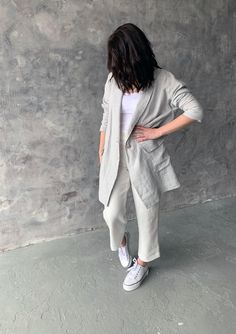 "Handmade 100% soft washed linen long blazer with pockets and collar. Made with love for You. *100% local medium weight washed linen *Each item is individually cut and sewn by order *The model height is 172 cm *The model is wearing size L, blazer color - Light grey *Note that colors may look different on your display depending on their settings and technical characteristics. Please let us know if you need different measurements or colors. CARE *Machine wash up to 40 / 104F gentle cycle *Iron ins Casual Linen Blazer For Daywear, Spring Neutral Cardigan With Pockets, Linen Blazer For Everyday Spring Wear, Everyday Linen Blazer For Spring, Spring Linen Blazer For Everyday Wear, Long Sleeve Blazer For Everyday Summer Wear, Linen Long Sleeve Cardigan For Office, Long Sleeve Summer Blazer For Everyday, Linen Cardigan For Workwear In Fall