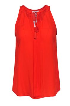 Current Boutique-Joie - Orange Silk Pleated Airlan Tank w/ Tassels Sz XS Vibrant Red Summer Tops, Summer Orange Vibrant Tops, Red Fringe Tops For Summer, Red Viscose Tops For Summer, Casual Summer Tops With Back Tassel Tie-up, Spring Beach Tops With Tassels, Casual Red Tassel Top, Casual Red Tops With Tassels, Red Tassel Beach Tops