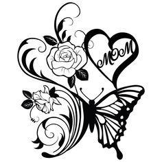 a butterfly with roses and the word moon on it's back, in black and white