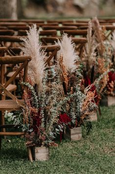 there are many flowers and plants on the ground in front of wooden benches with hearts