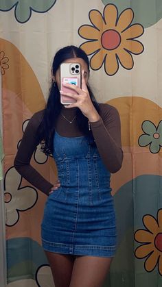 Graduation Party Fits, Fran Fine Inspired Outfits, Short Jean Dress Outfit, How To Style A Jean Dress, Jean Dress Outfit Ideas, Young Miko Concert Outfit, Jean One Piece Outfit, Ways To Style Dresses, Dresses Over Jeans