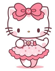 the hello kitty ballerina is wearing a pink dress and holding a heart shaped object