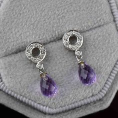 Vintage 14K White Gold Diamond Briolette Amethyst Earrings