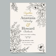 an elegant wedding card with flowers and leaves on the front, in black and white