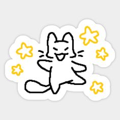 a sticker with an image of a cat sitting on the ground and stars around it