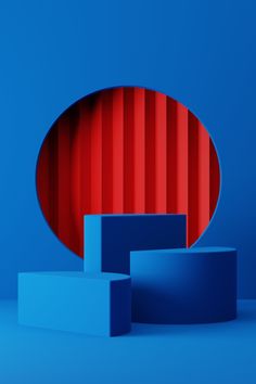 an abstract blue and red object on a blue background with vertical lines in the center