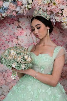 Sage Green Ivory Quinceanera Bouquet 9 inches Quince Flower Bouquets, Emerald Green Flower Bouquet, Quince Cups, Quince Bouquet, Rose Gold Quinceanera, Money Card Box, Quinceanera Bouquet, Quinceanera Tiaras, Green Quince