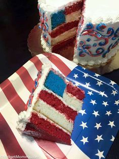 a piece of cake with red, white and blue frosting