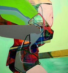 an abstract painting with multiple colors and shapes on it's face, including the upper half of a woman's head