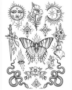 an ink drawing of various tattoos and symbols