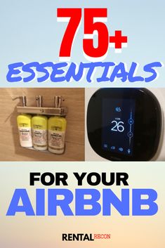 the words 75 essentials for your air bnb are shown above an image of various items