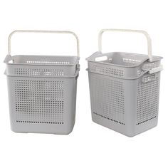 two plastic baskets with handles on each side