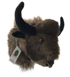 a stuffed bison head with horns and tags on it's ears, against a white background